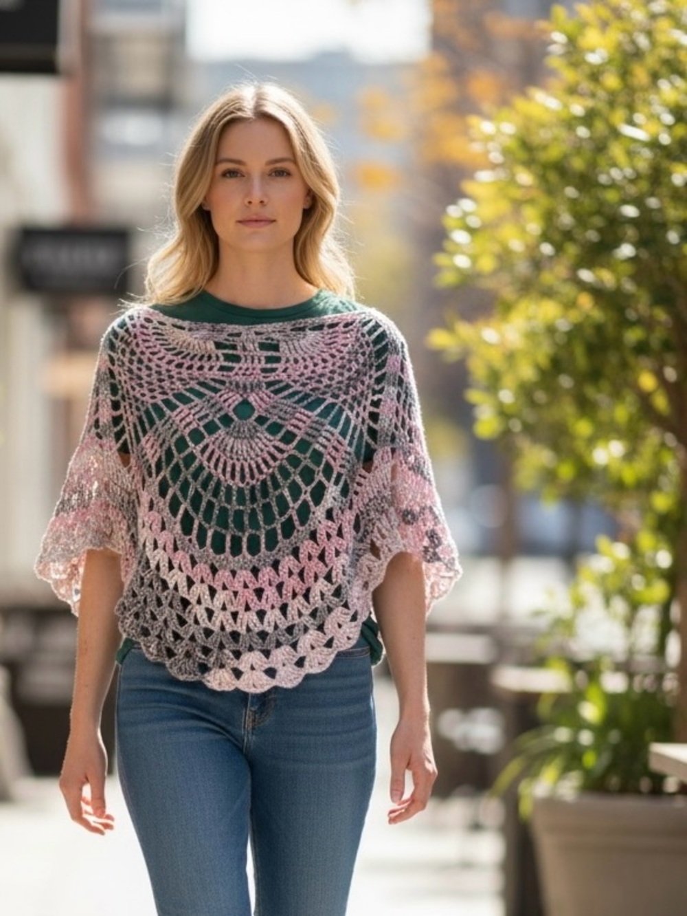 Poncho Hand Crafted Pink Gray Gradient Crochet